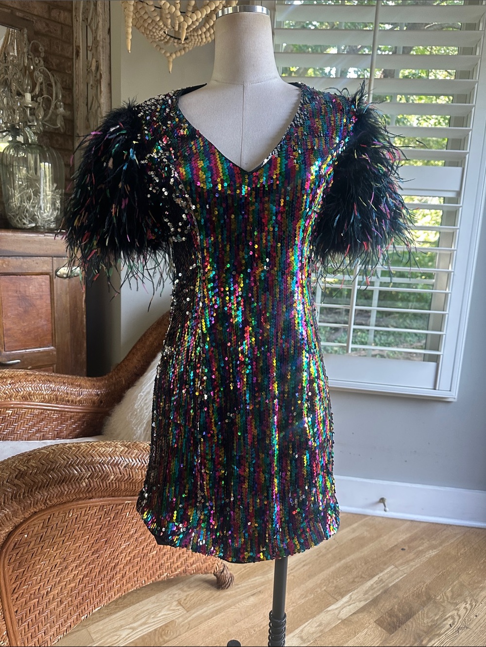 FASHION NOVA LUXE AMINA SEQUIN FEATHERED MINI DRESS MULTI COLOR LARGE NEW